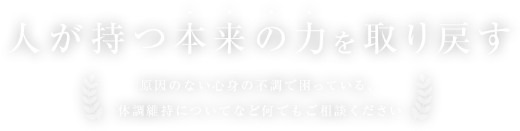 人が持つ本来の力を取り戻す 原因のない心身の不調で困っている、体調維持についてなど何でもご相談ください